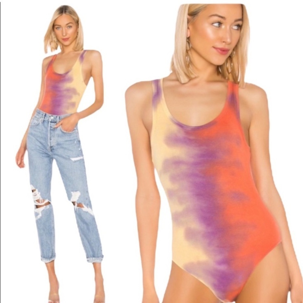 AGOLDE Revolve orange purple and yellow ribbed scoop next tank body suit. S
